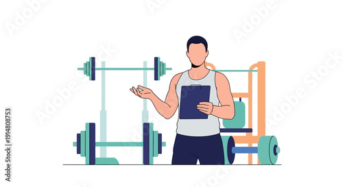 Man in gym with fitness equipment and digital tablet explains workout