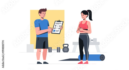 A man shows a workout plan to a woman in a gym with equipment nearby.