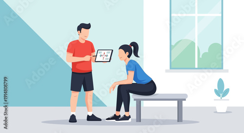 Two people interact in a modern room with furniture and technology devices.