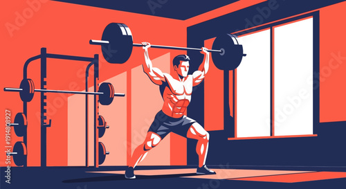 Man lifting weights overhead in gym during intense workout session with barbell