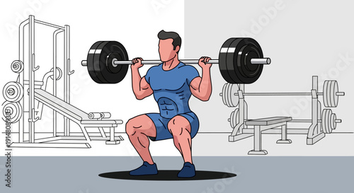 Man doing squats with weights in gym equipment room exercising muscles