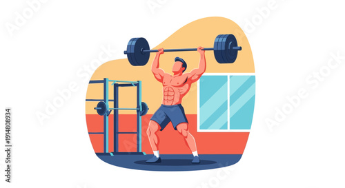 Man lifting weights at gym exercising with heavy barbell equipment indoors
