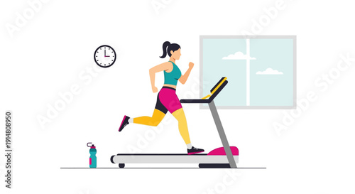 Woman running on treadmill in gym with clock and window