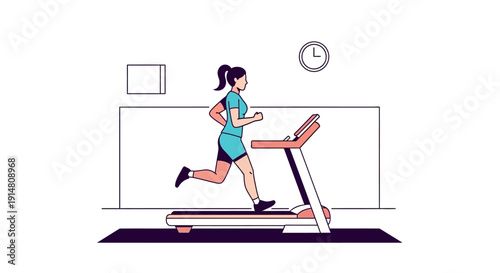 Woman runs on treadmill in home gym with clock on wall nearby quickly exercising