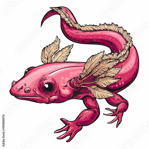 Vibrant pink salamander with golden leaves illustration from a side view showcasing its detailed anatomy and texture in a natural setting