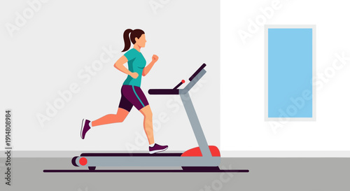 Woman running on treadmill in gym with window