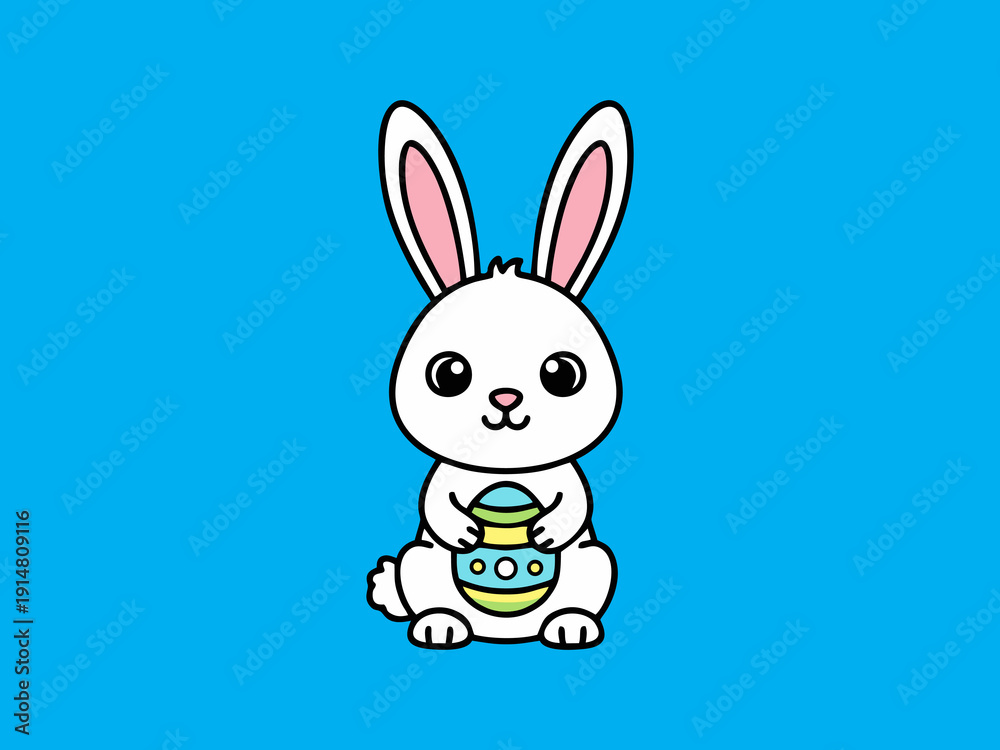 Obraz premium Cute white bunny holding a decorated Easter egg on blue background vector illustration