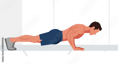 Man doing push-ups in a gym with weights and equipment around