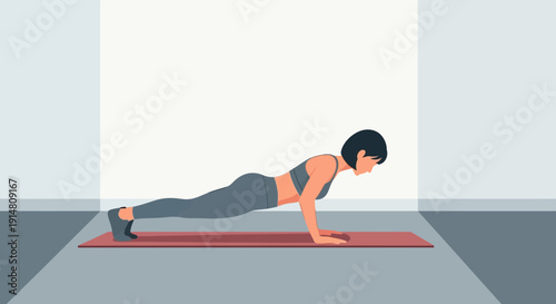 Young woman performing a push-up exercise on a red yoga mat, illustrating fitness and strength training in a well-lit room