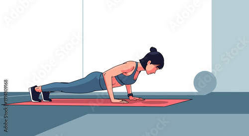 Fit Woman Performing a Push-Up on a Workout Mat, Demonstrating Strength and Determination in a Home Fitness Setting