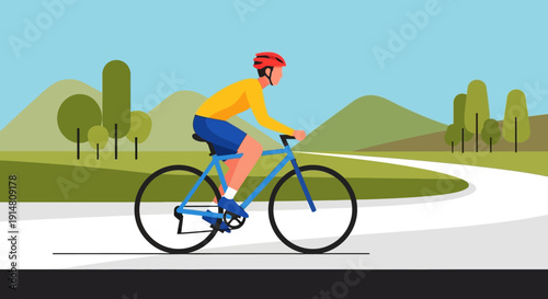 An adventurous individual cycles through a scenic natural landscape with rolling hills and trees under a clear blue sky, embodying an active lifestyle and outdoor pursuit