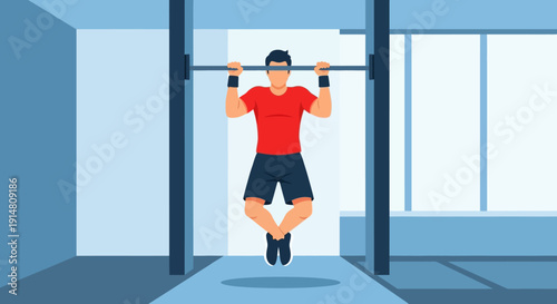 Man performing a pull-up exercise on a horizontal bar in a gym, showcasing strength training and fitness