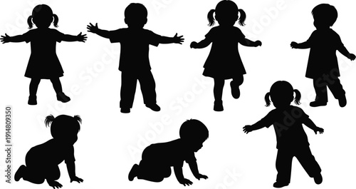 Collection of black silhouettes featuring toddlers and babies in active poses including crawling walking standing and playing isolated on a clean white background for SEO
