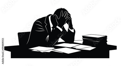 A stressed businessman sits with his head in hands at a desk showcasing a powerful silhouette on transparent background high quality