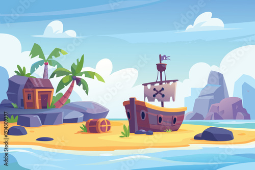 A vibrant cartoon illustration depicts a tropical island with a shipwrecked vessel