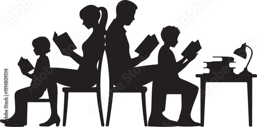 Family Reading Books Silhouette black