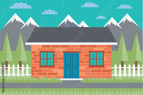 A charming red brick house sits peacefully amidst mountains and green trees