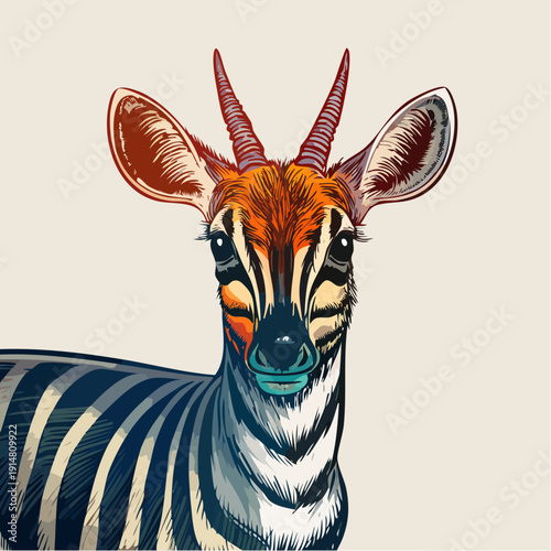 A detailed illustration of an antelope's head and upper body featuring distinctive horns and striped patterns from a front viewpoint.