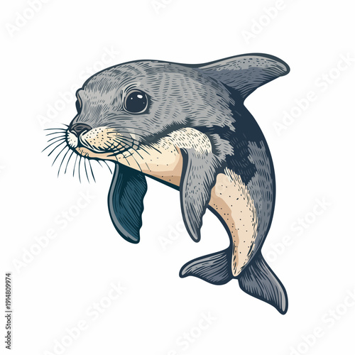 Illustration of a seal swimming underwater, showcasing its fur and flippers in a dynamic pose