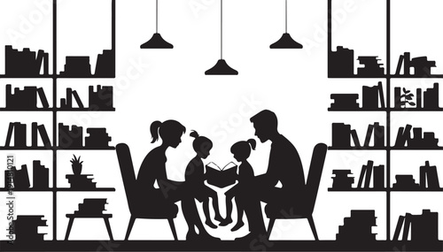 Family reading books together in a library setting