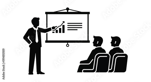 A black silhouette of a presenter giving a business presentation to an audience on transparent background high quality professional detailed modern