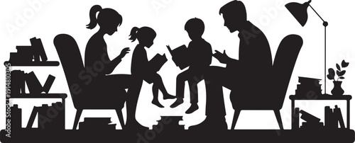 Family reading books together in living room silhouette