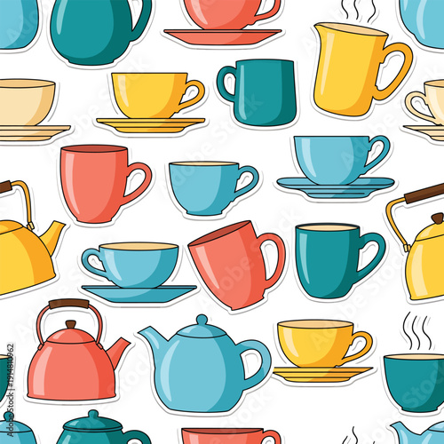 Colorful Coffee Cups and Teapots Pattern.