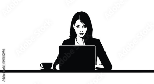 A professional woman works on a laptop at a desk with a cup presented in a striking silhouette on transparent background
