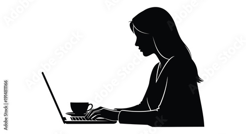 A woman working on a laptop with a cup of coffee depicted in a striking black silhouette on transparent background