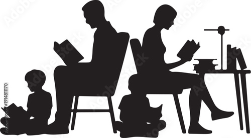 Family Silhouettes Reading Books Together black