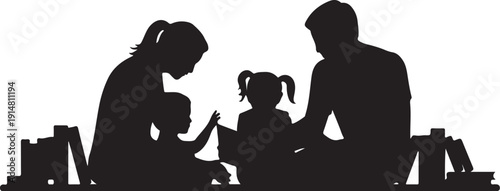 Family Silhouette Reading Together on Floor with Books