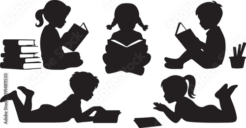 Five black silhouette children reading books in different positions
