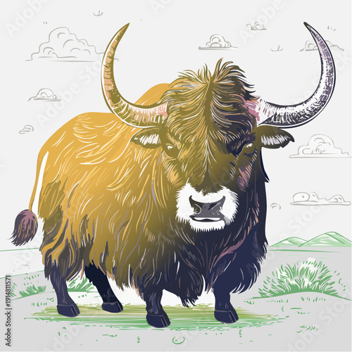 A majestic yak standing in a serene mountainous terrain, viewed from a slight angle, showcasing its impressive horns and shaggy fur