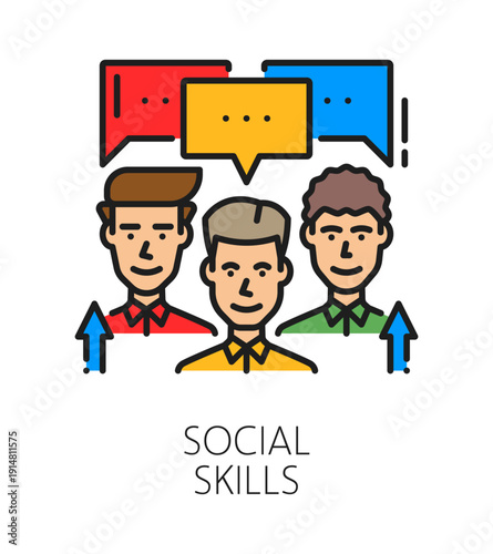 Social communication life skill color line icon or pictogram. Personal social communication ability line vector symbol, personal quality sign. Life skill icon with people characters and speech clouds