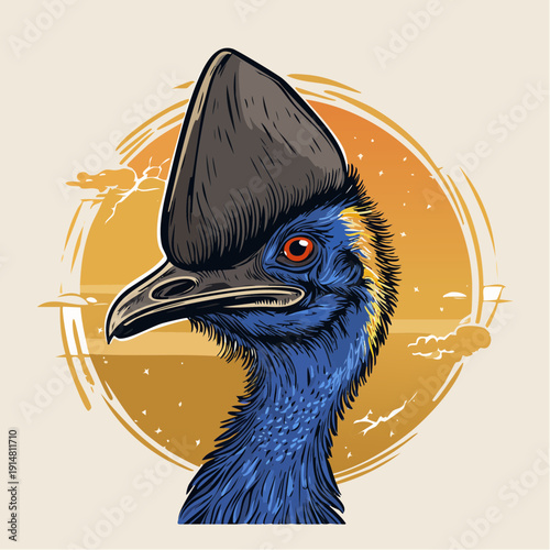 Cassowary bird portrait illustration with vibrant plumage and distinctive casque on a circular background
