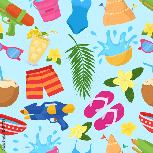 Songkran festival vibrant pattern with summer beach elements sunglasses flip flaps bathing suit