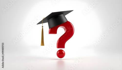 A graduation cap sits atop a large red question mark symbol