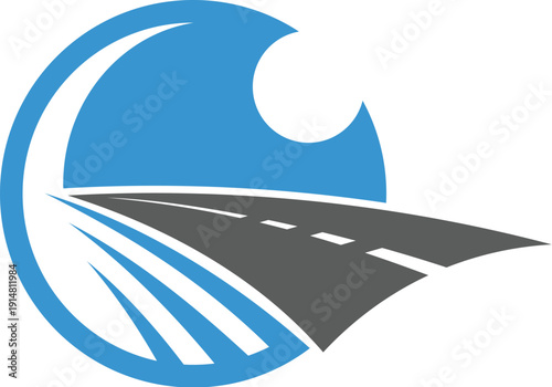 Night highway road vector symbol or asphalt route icon of winding road framed by blue circular shape with rising sun. Road emblem for logistics, driving school, pathway navigation app and car rental