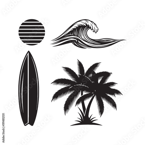 Black silhouette icons of surfboard wave palm tree and sun on white background