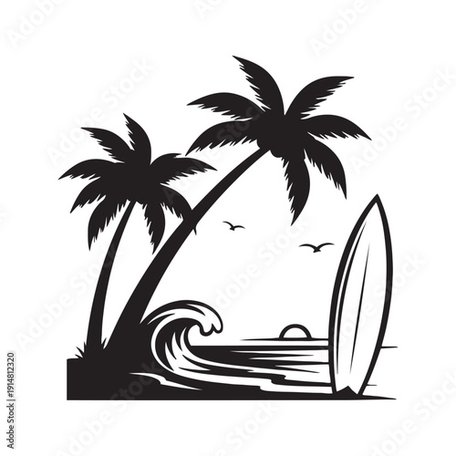 Tropical beach scene with surfboard and palm trees silhouette