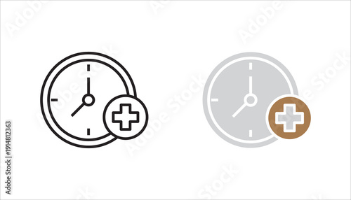Outline clock icon with medical cross symbol representing healthcare schedule, medical appointment, emergency time, hospital service hours, or health reminder concept. Minimal black vector isolated on