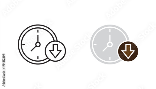 Minimalist line icon of a clock combined with a download arrow symbol. Concept of time tracking, schedule download, deadline update, data sync, and productivity management. Simple outline vector isola