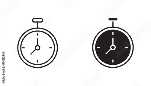 Outline stopwatch icon representing time management, deadline, countdown, productivity, and performance measurement. Minimal black line vector isolated on white background.
