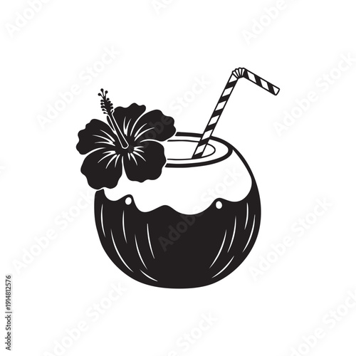 Silhouette of a coconut cocktail with a flower garnish and straw