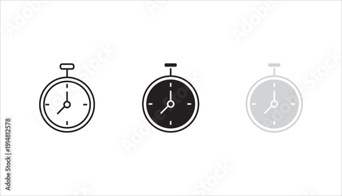 Outline stopwatch icon representing time management, deadline, countdown, productivity, and performance measurement. Minimal black line vector isolated on white background.