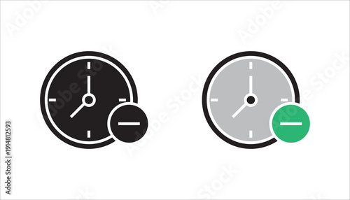 Outline clock icon with minus symbol representing time reduction, limited time, deadline adjustment, schedule decrease, or cancellation concept. Minimal black vector isolated on white background.