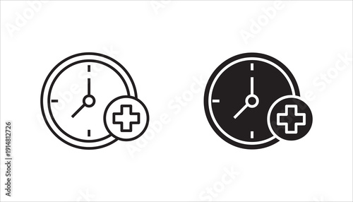 Outline clock icon with medical cross symbol representing healthcare schedule, medical appointment, emergency time, hospital service hours, or health reminder concept. Minimal black vector isolated on