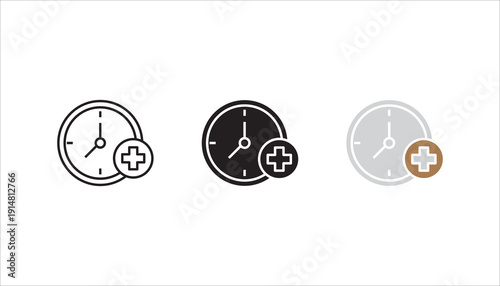 Outline clock icon with medical cross symbol representing healthcare schedule, medical appointment, emergency time, hospital service hours, or health reminder concept. Minimal black vector isolated on
