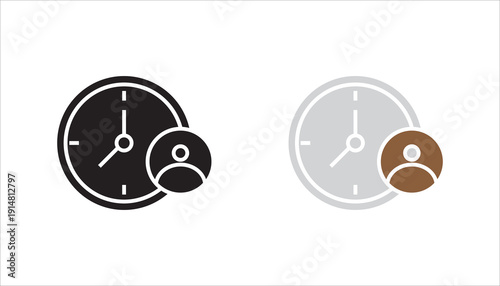 Minimalist line icon of a clock combined with a user profile symbol. Concept of time management, user schedule, appointment planning, deadline reminder, and personal productivity. Simple outline vecto