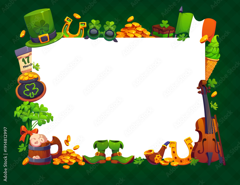 Fototapeta premium St Patrick day holiday greeting card frame with shamrocks, leprechaun boots, gold coins, Irish flag, beer, fiddle and green treats. Vector festive border for celebration invites, or cultural events